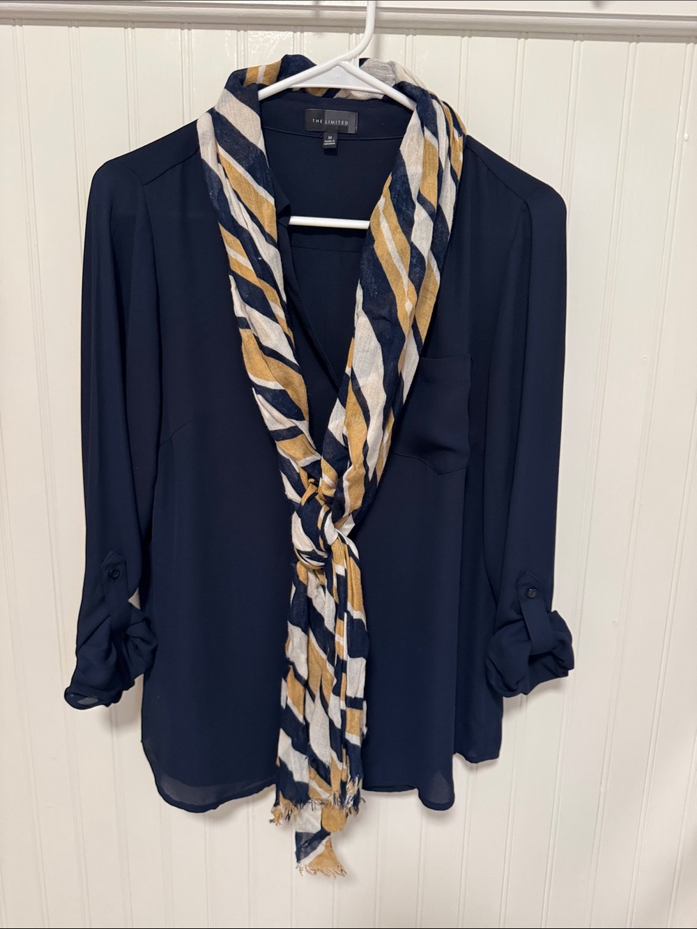 The Limited Navy Button-Front Blouse with Matching Scarf